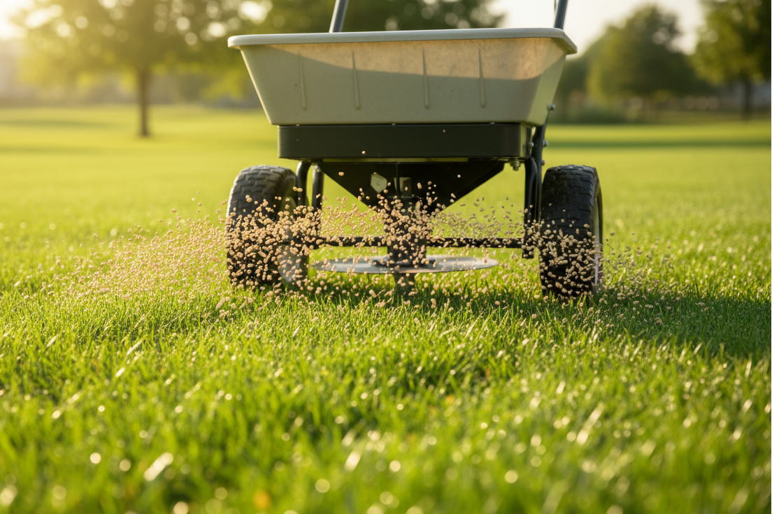 Mest uitstrooien over gazon met strooiwagen